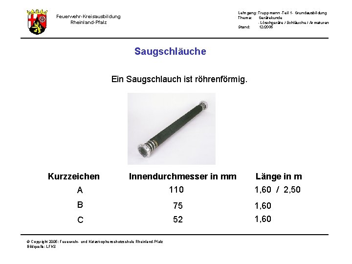 Lehrgang: Truppmann -Teil 1 - Grundausbildung Thema: Gerätekunde -Löschgeräte / Schläuche / Armaturen Stand: Lehrgang: Truppmann -Teil 1 - Grundausbildung Thema: Gerätekunde -Löschgeräte / Schläuche / Armaturen Stand: