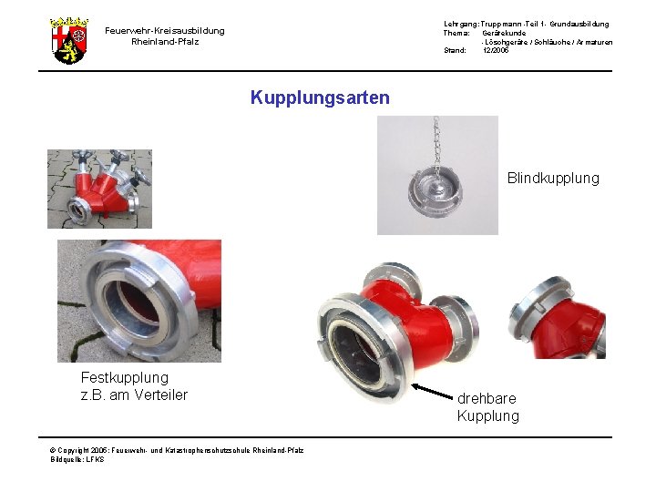 Lehrgang: Truppmann -Teil 1 - Grundausbildung Thema: Gerätekunde -Löschgeräte / Schläuche / Armaturen Stand: