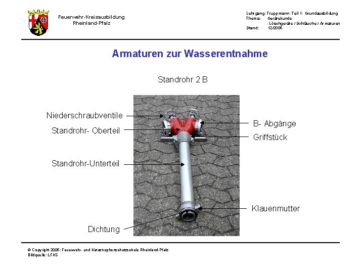 Lehrgang: Truppmann -Teil 1 - Grundausbildung Thema: Gerätekunde -Löschgeräte / Schläuche / Armaturen Stand: