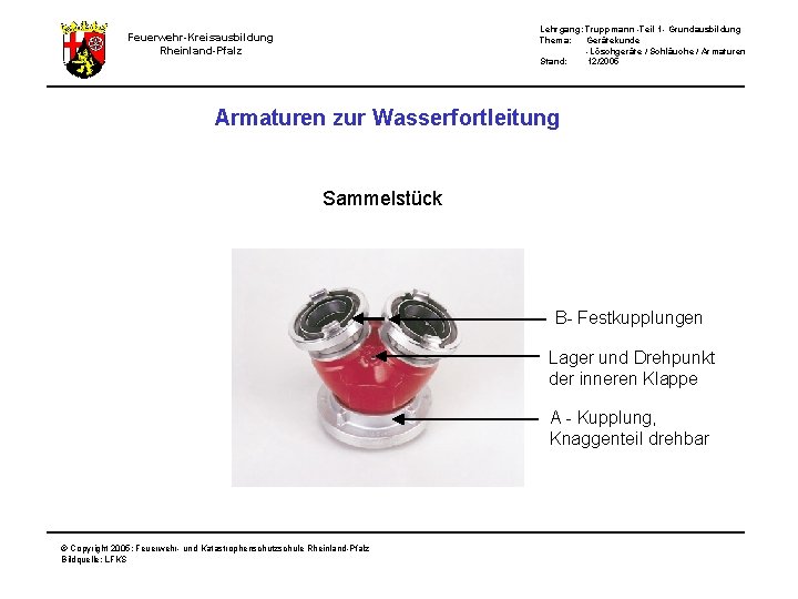 Lehrgang: Truppmann -Teil 1 - Grundausbildung Thema: Gerätekunde -Löschgeräte / Schläuche / Armaturen Stand: