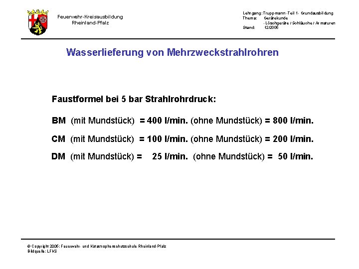 Lehrgang: Truppmann -Teil 1 - Grundausbildung Thema: Gerätekunde -Löschgeräte / Schläuche / Armaturen Stand: