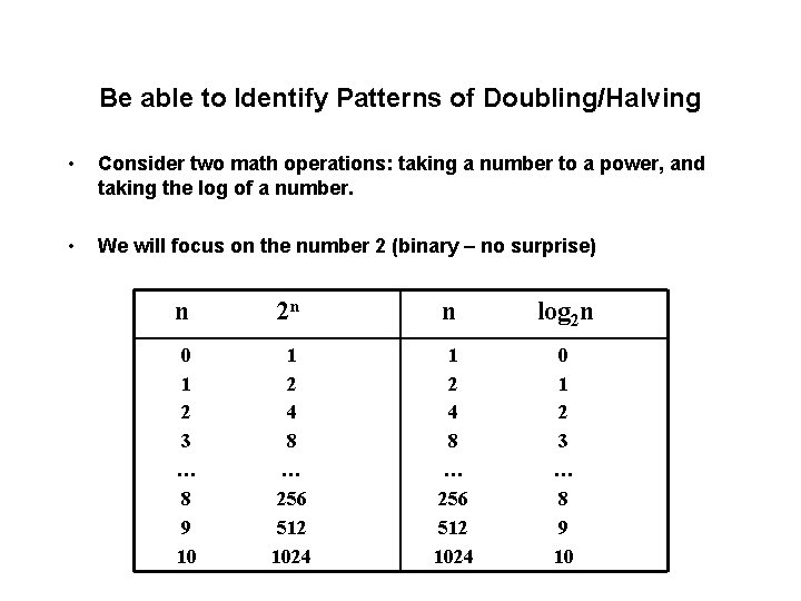 Be able to Identify Patterns of Doubling/Halving • Consider two math operations: taking a