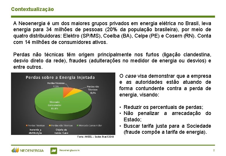 Contextualização A Neoenergia é um dos maiores grupos privados em energia elétrica no Brasil,