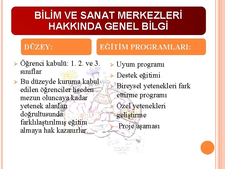 BİLİM VE SANAT MERKEZLERİ HAKKINDA GENEL BİLGİ DÜZEY: Ø Ø EĞİTİM PROGRAMLARI: Öğrenci kabulü: