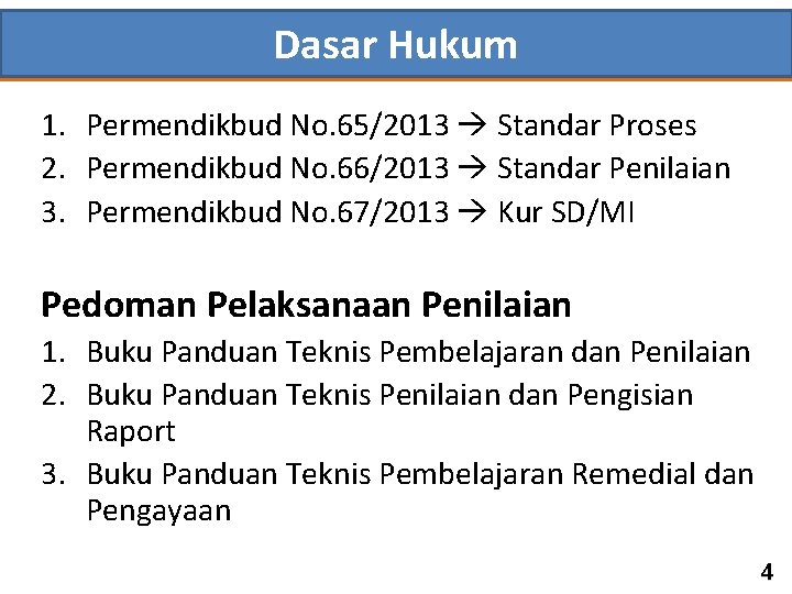 Dasar Hukum 1. Permendikbud No. 65/2013 Standar Proses 2. Permendikbud No. 66/2013 Standar Penilaian