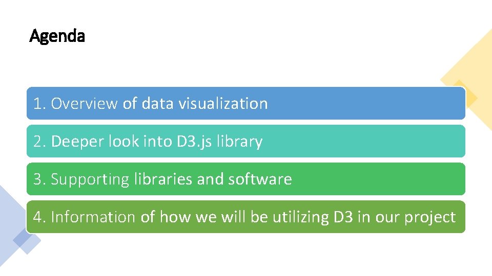 Agenda 1. Overview of data visualization 2. Deeper look into D 3. js library Agenda 1. Overview of data visualization 2. Deeper look into D 3. js library
