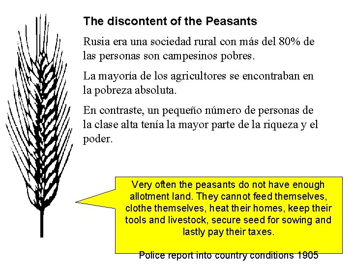 The discontent of the Peasants Rusia era una sociedad rural con más del 80%