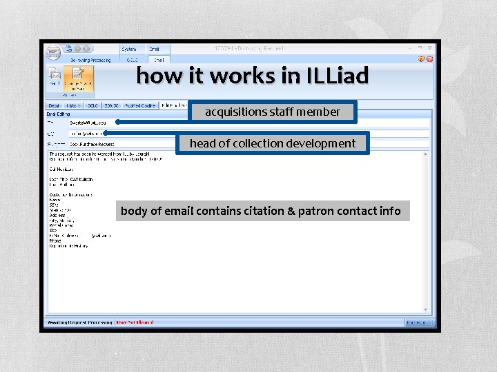 how it works in ILLiad acquisitions staff member head of collection development body of