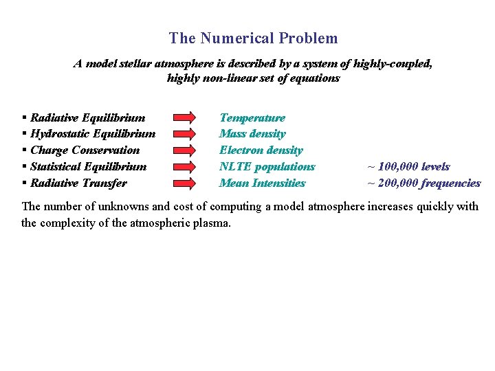 The Numerical Problem A model stellar atmosphere is described by a system of highly-coupled,