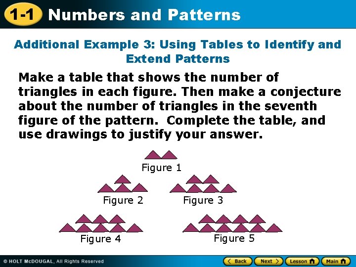 1 -1 Numbers and Patterns Additional Example 3: Using Tables to Identify and Extend 1 -1 Numbers and Patterns Additional Example 3: Using Tables to Identify and Extend