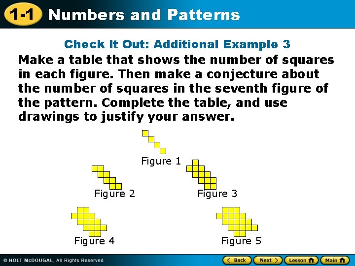 1 -1 Numbers and Patterns Check It Out: Additional Example 3 Make a table 1 -1 Numbers and Patterns Check It Out: Additional Example 3 Make a table