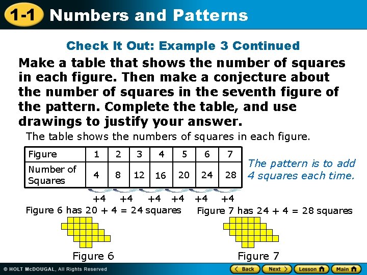 1 -1 Numbers and Patterns Check It Out: Example 3 Continued Make a table 1 -1 Numbers and Patterns Check It Out: Example 3 Continued Make a table