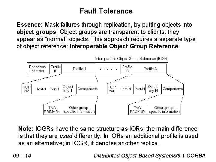 Fault Tolerance Essence: Mask failures through replication, by putting objects into object groups. Object