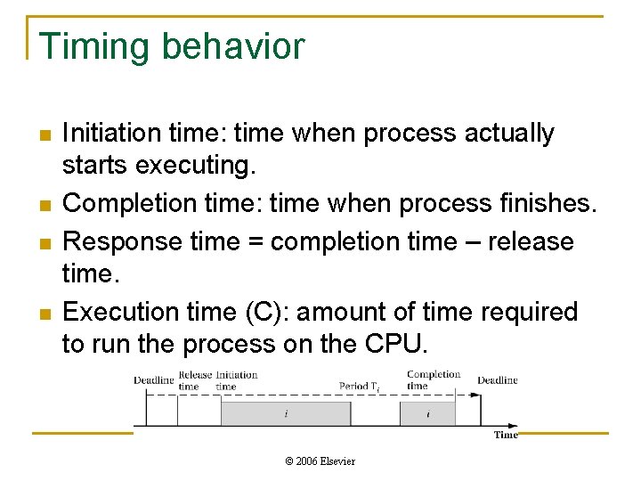 Timing behavior n n Initiation time: time when process actually starts executing. Completion time: Timing behavior n n Initiation time: time when process actually starts executing. Completion time: