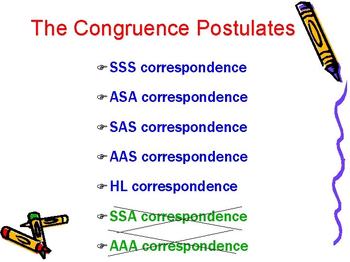 The Congruence Postulates F SSS correspondence F ASA correspondence F SAS correspondence F AAS