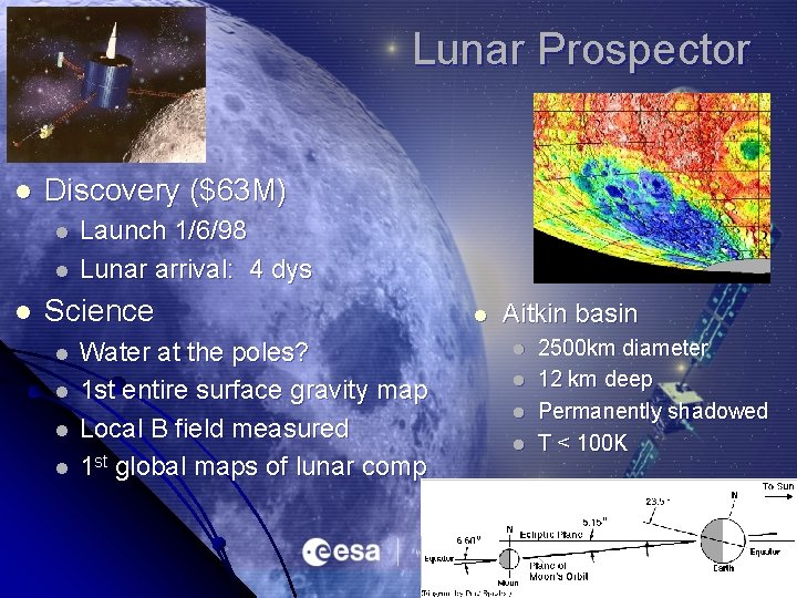 Lunar Prospector l Discovery ($63 M) l l l Launch 1/6/98 Lunar arrival: 4