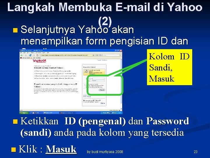 Langkah Membuka E-mail di Yahoo (2) n Selanjutnya Yahoo akan menampilkan form pengisian ID
