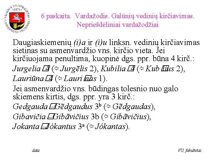 6 paskaita. Vardažodis. Galūnių vedinių kirčiavimas. Nepriešdėliniai vardažodžiai Daugiaskiemenių (i)a ir (i)u linksn. vedinių