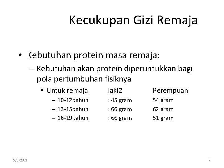 Kecukupan Gizi Remaja • Kebutuhan protein masa remaja: – Kebutuhan akan protein diperuntukkan bagi