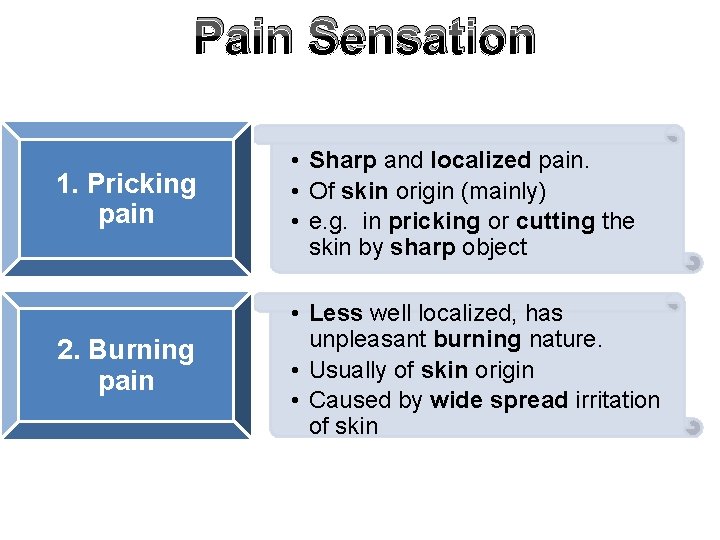 Pain Sensation 1. Pricking pain • Sharp and localized pain. • Of skin origin
