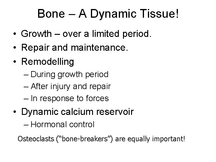 Bone – A Dynamic Tissue! • Growth – over a limited period. • Repair