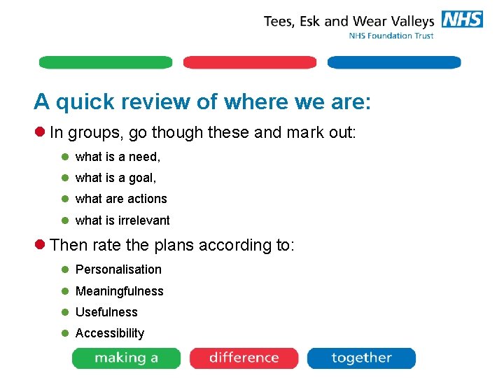 A quick review of where we are: l In groups, go though these and