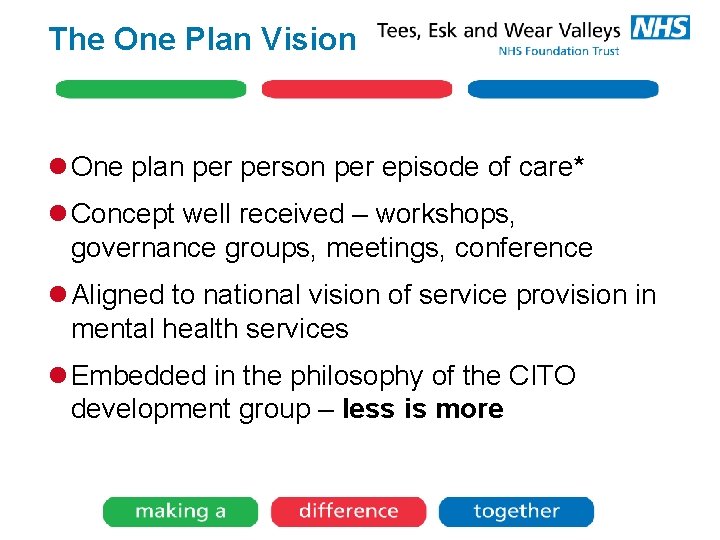 The One Plan Vision l One plan person per episode of care* l Concept