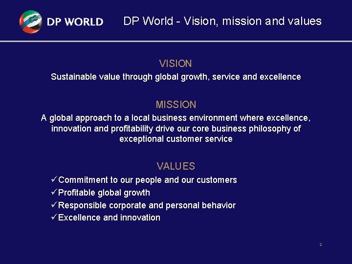 DP World - Vision, mission and values VISION Sustainable value through global growth, service