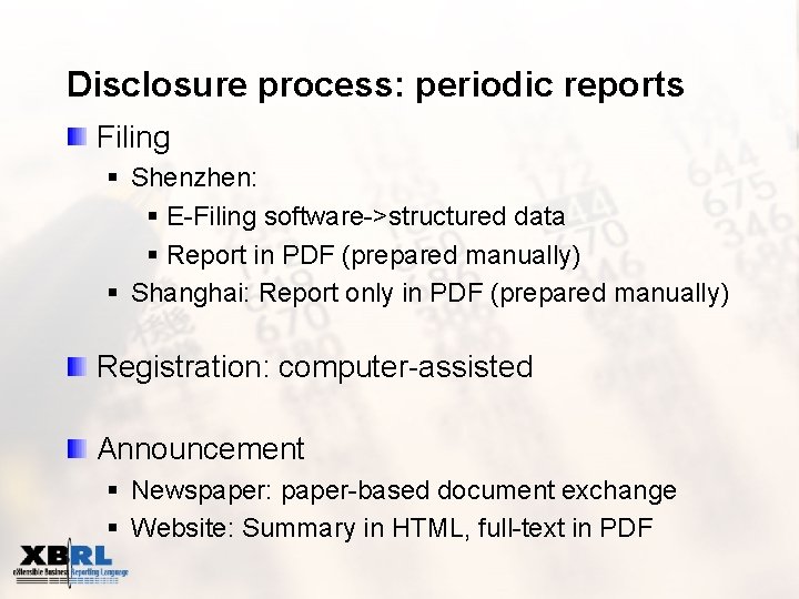 Disclosure process: periodic reports Filing § Shenzhen: § E-Filing software->structured data § Report in