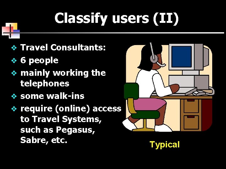 Classify users (II) v Travel Consultants: v 6 people v mainly working the telephones