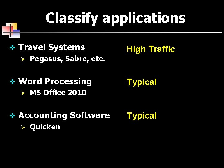 Classify applications v Travel Systems Ø Pegasus, Sabre, etc. High Traffic v Word Processing