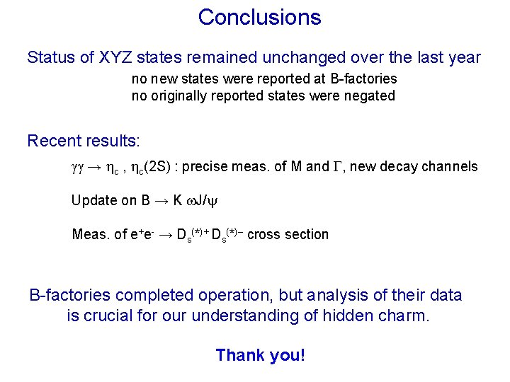 Conclusions Status of XYZ states remained unchanged over the last year no new states
