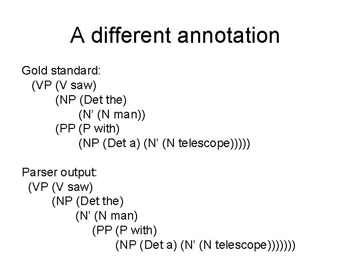 A different annotation Gold standard: (VP (V saw) (NP (Det the) (N’ (N man))