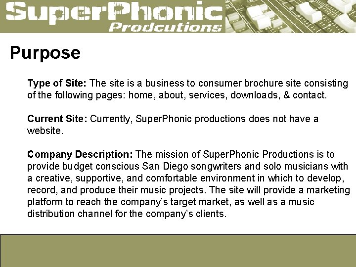 Purpose Type of Site: The site is a business to consumer brochure site consisting