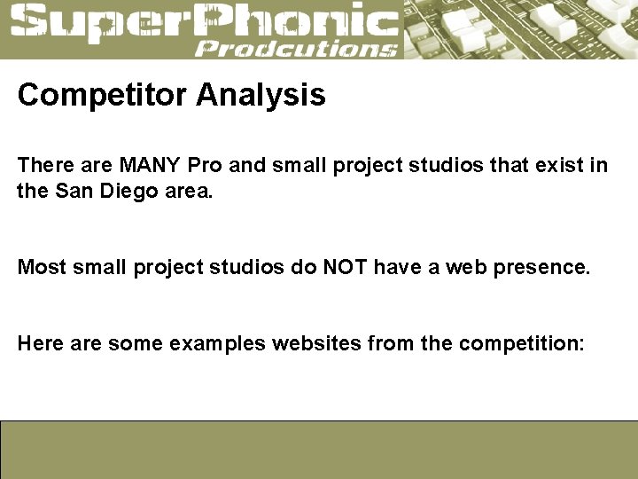 Competitor Analysis There are MANY Pro and small project studios that exist in the