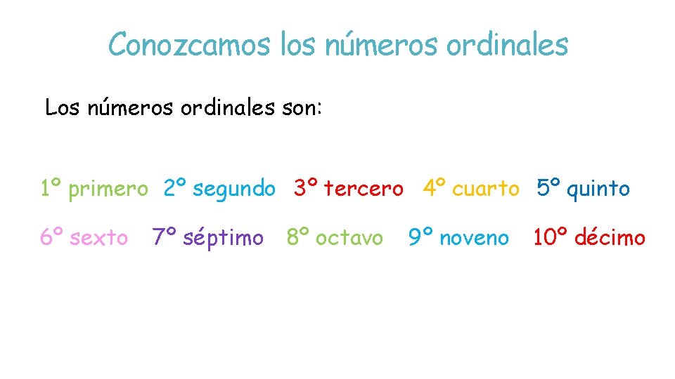 Conozcamos los números ordinales Los números ordinales son: 1º primero 2º segundo 3º tercero