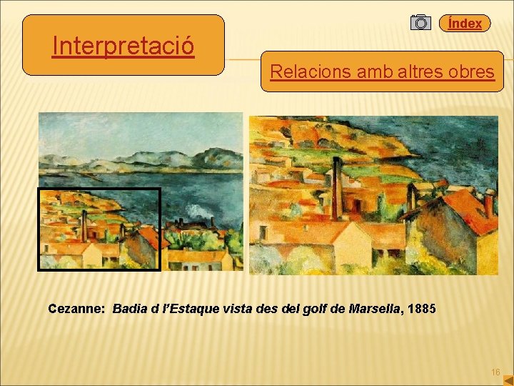 Índex Interpretació Relacions amb altres obres Cezanne: Badia d l’Estaque vista des del golf