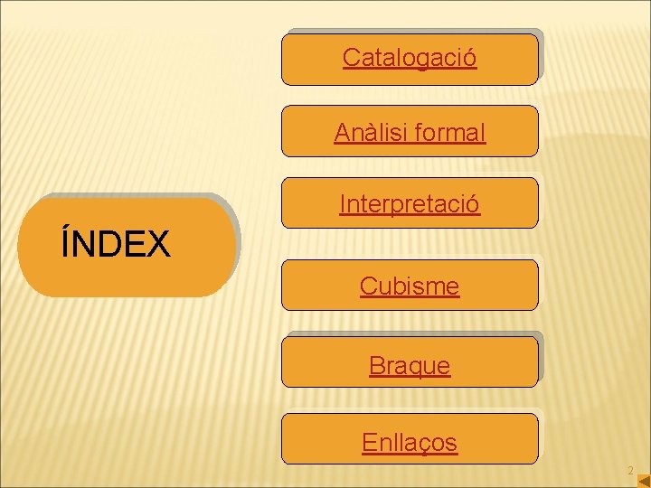 Índex Catalogació Anàlisi formal Interpretació ÍNDEX Cubisme Braque Enllaços 2 