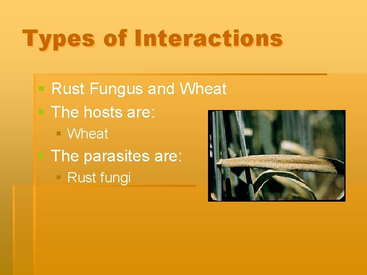 Types of Interactions § Rust Fungus and Wheat § The hosts are: § Wheat