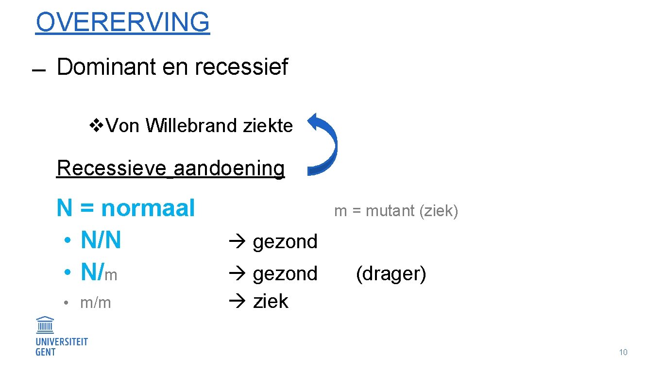 OVERERVING Dominant en recessief v. Von Willebrand ziekte Recessieve aandoening N = normaal •