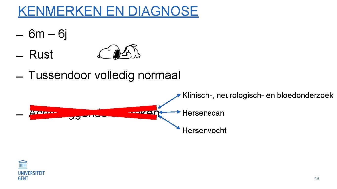 KENMERKEN EN DIAGNOSE 6 m – 6 j Rust Tussendoor volledig normaal Klinisch-, neurologisch-