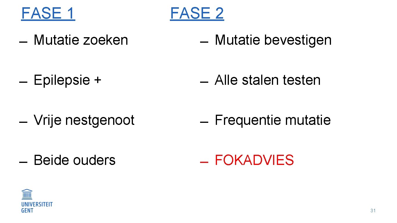 FASE 1 FASE 2 Mutatie zoeken Mutatie bevestigen Epilepsie + Alle stalen testen Vrije