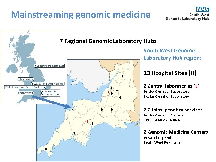Mainstreaming genomic medicine 7 Regional Genomic Laboratory Hubs South West Genomic Laboratory Hub region: