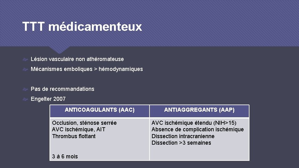 TTT médicamenteux Lésion vasculaire non athéromateuse Mécanismes emboliques > hémodynamiques Pas de recommandations Engelter
