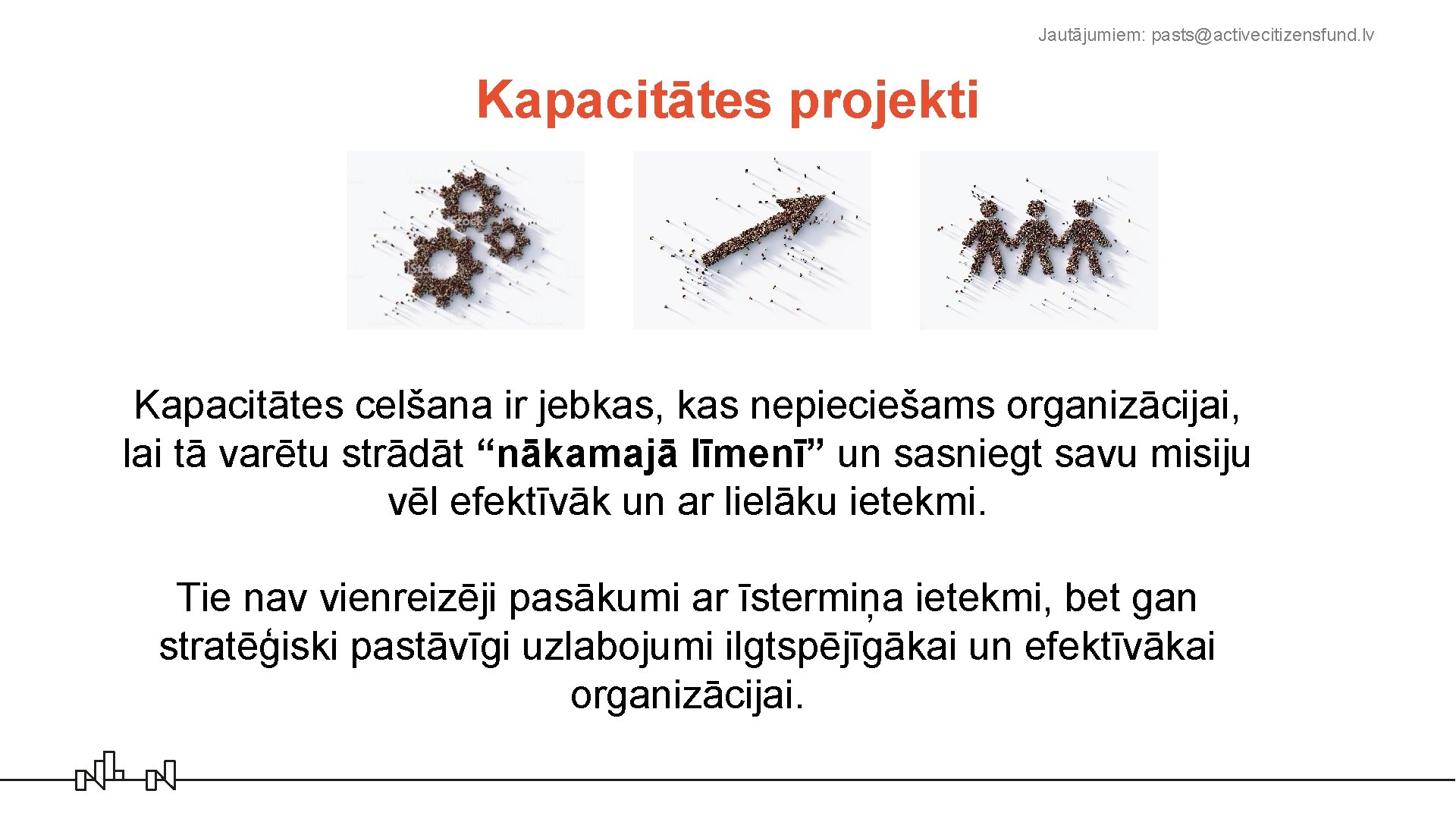 Jautājumiem: pasts@activecitizensfund. lv Kapacitātes projekti Kapacitātes celšana ir jebkas, kas nepieciešams organizācijai, lai tā