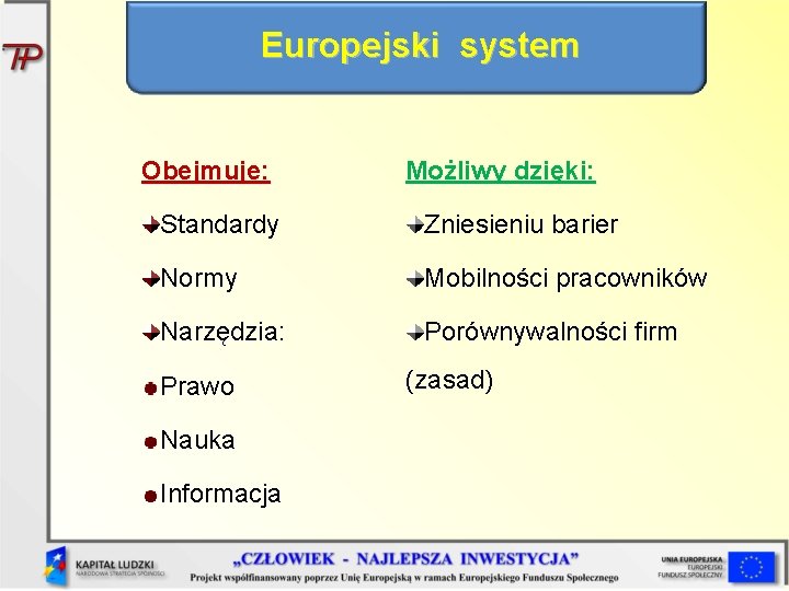 Europejski system Obejmuje: Możliwy dzięki: Standardy Zniesieniu barier Normy Mobilności pracowników Narzędzia: Porównywalności firm