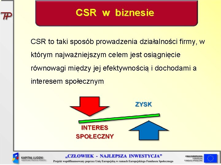 CSR w biznesie CSR to taki sposób prowadzenia działalności firmy, w którym najważniejszym celem