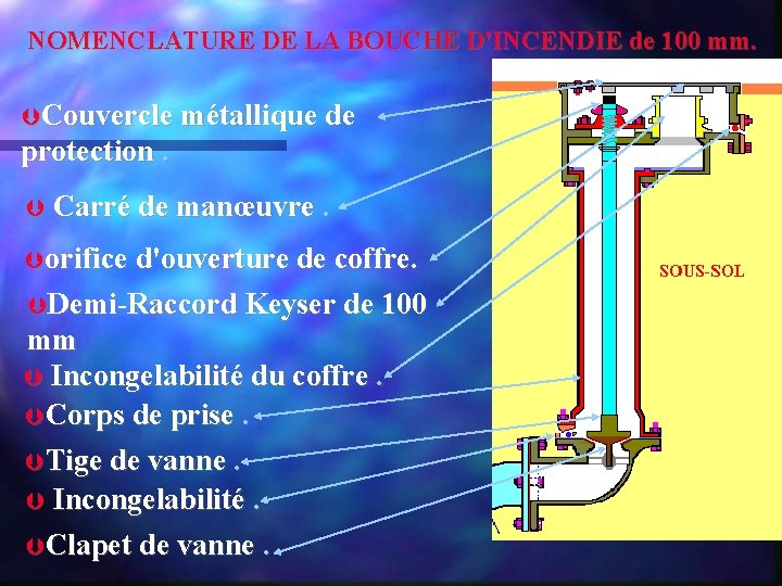 NOMENCLATURE DE LA BOUCHE D'INCENDIE de 100 mm. Couvercle métallique de protection. Carré de