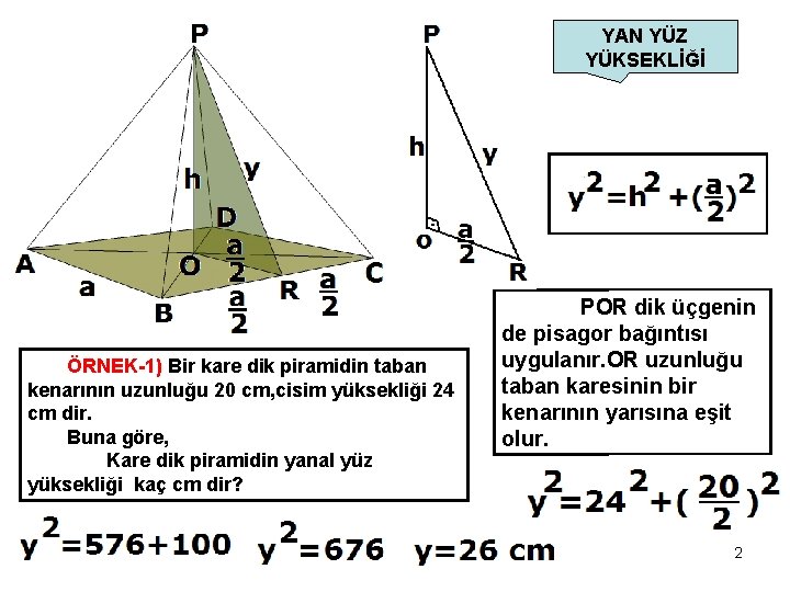 YAN YÜZ YÜKSEKLİĞİ ÖRNEK-1) Bir kare dik piramidin taban kenarının uzunluğu 20 cm, cisim