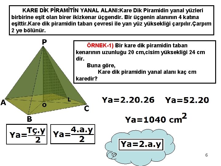 KARE DİK PİRAMİTİN YANAL ALANI: Kare Dik Piramidin yanal yüzleri birbirine eşit olan birer